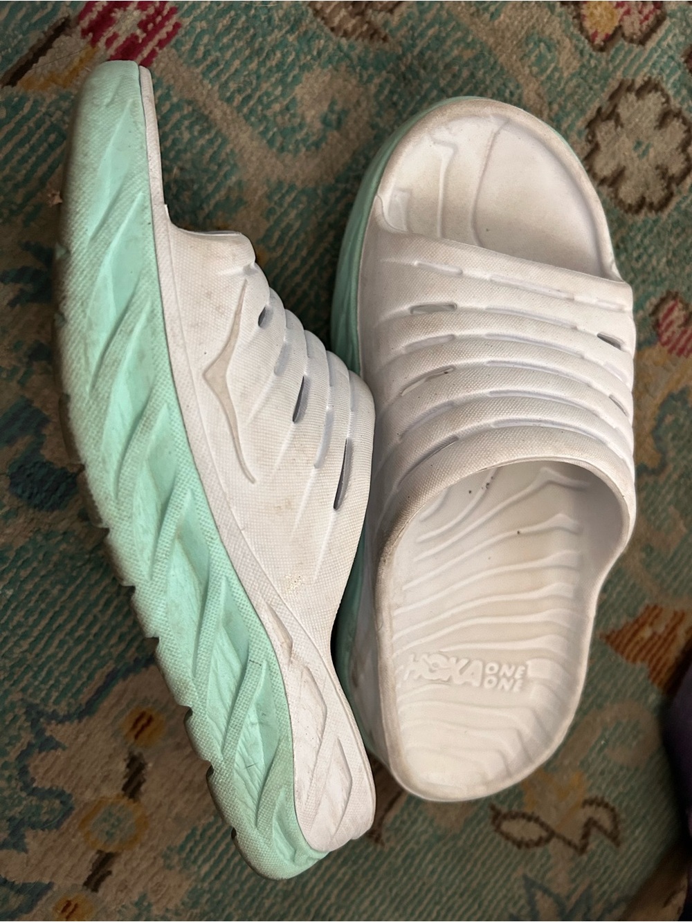 Hoka White Slide Sandals with Mint Green Sole size 7